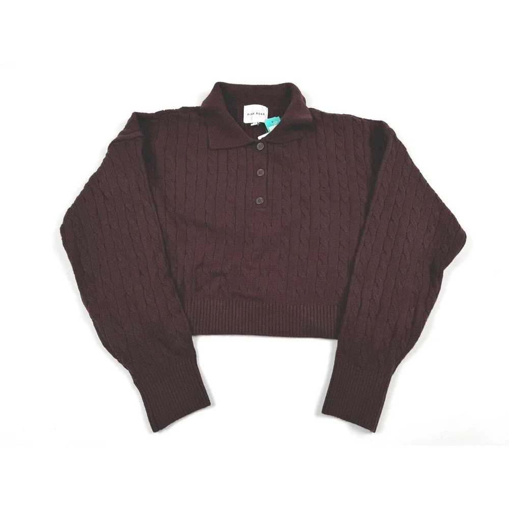 Pink Rose Annie Button Johnny Collar Sweater Espresso Brown‎ Medium NWT